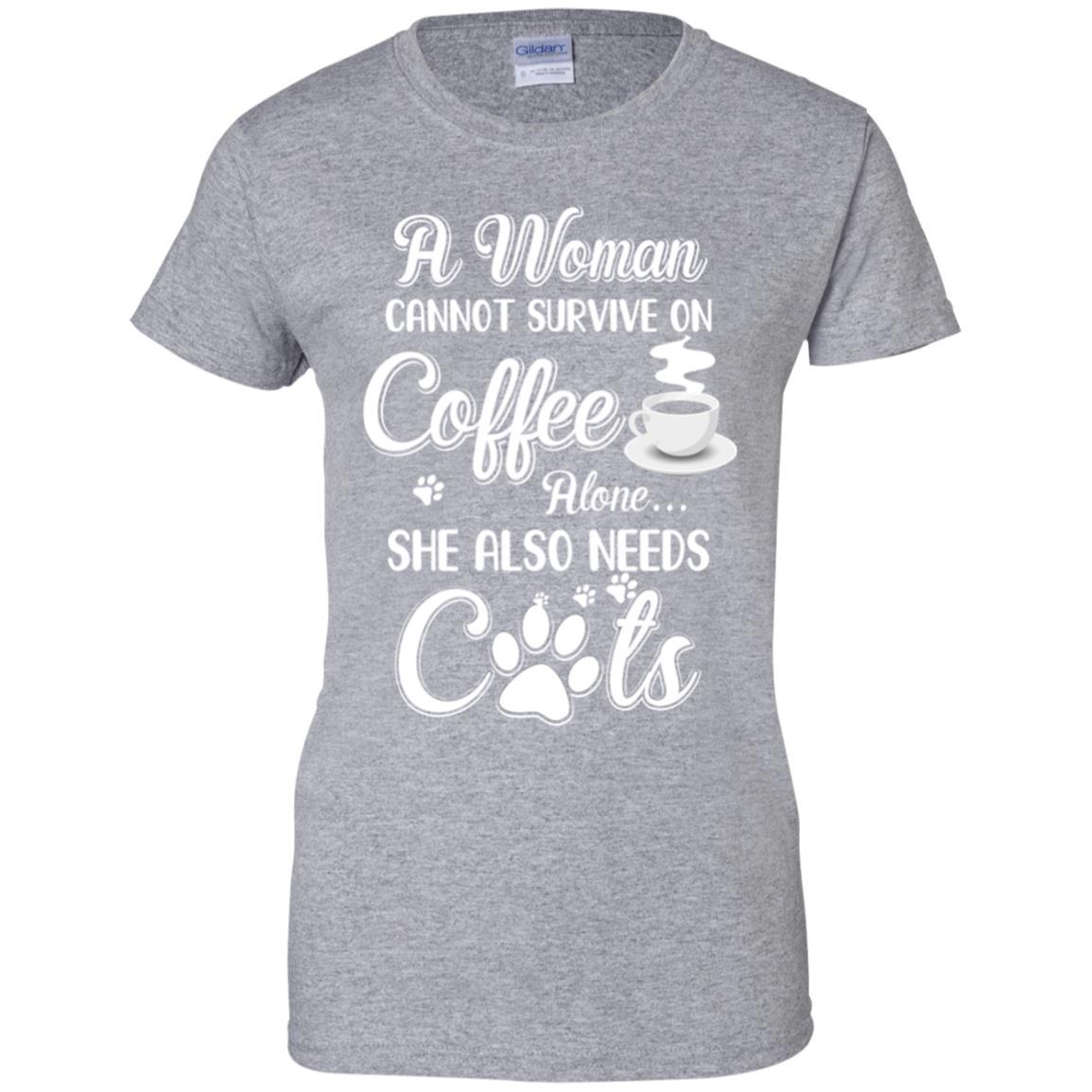 A Woman Cannot Survive On Coffee Alone She Also Needs Cats-T-Shirt & Tank Top-Women's T-Shirt-Sport Grey