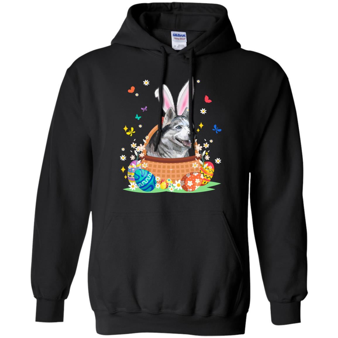Siberian Husky Bunny Hat Rabbit Easter Eggs-T-Shirt & Hoodie-Pullover Hoodie-Black
