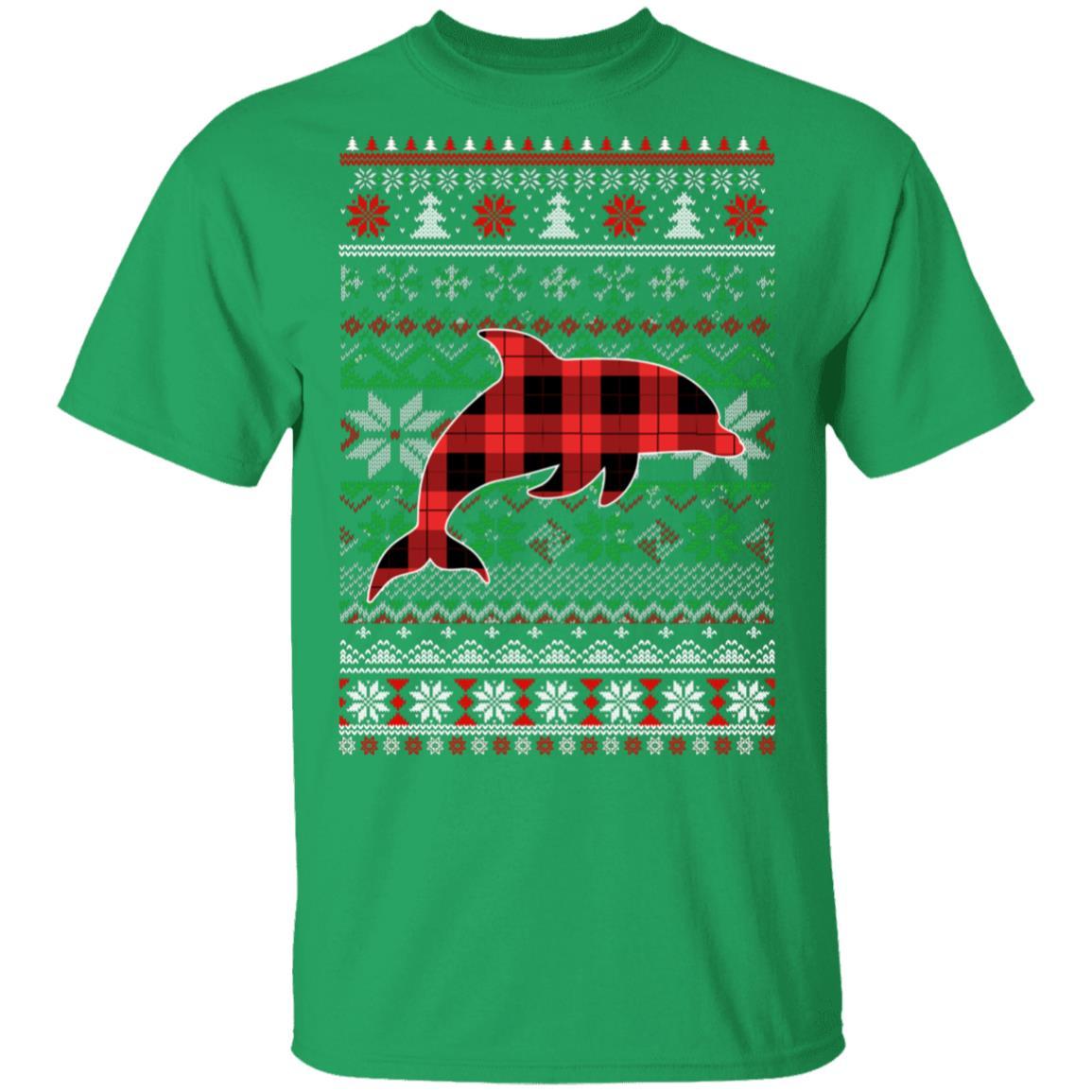 Dolphin Red Plaid Ugly Christmas Sweater Funny Gifts-T-Shirt & Sweatshirt-Classic T-Shirt-Irish Green