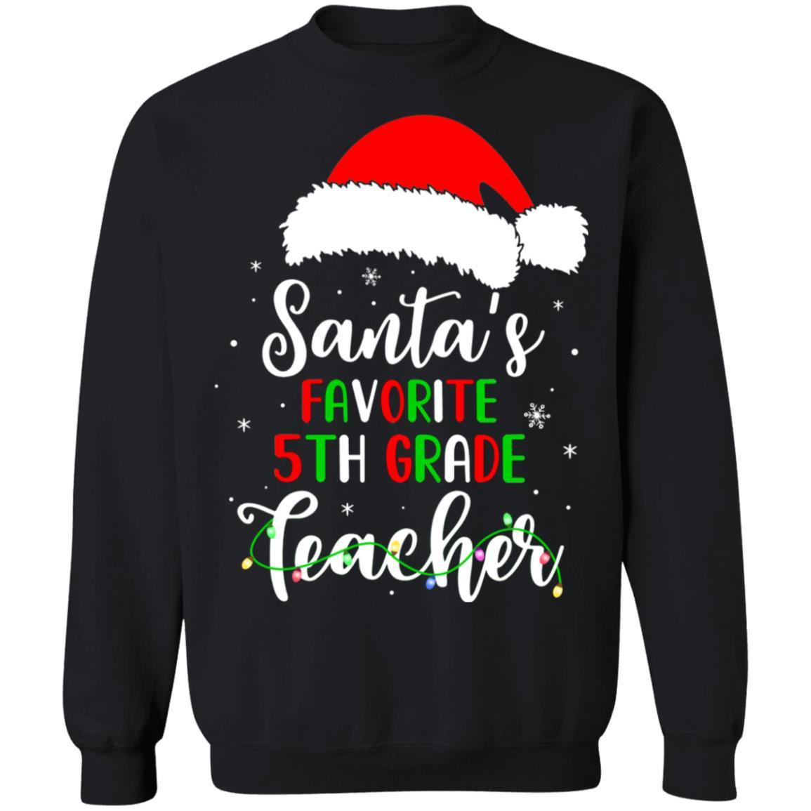 Santa's Favorite 5th Grade Teacher Santa Hat Christmas Light-T-Shirt & Sweatshirt-Crewneck Sweatshirt-Black