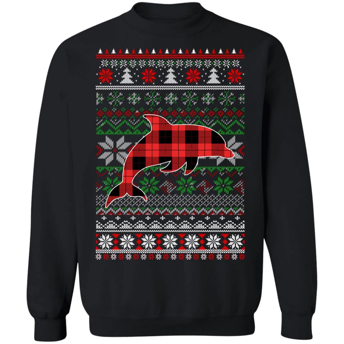 Dolphin Red Plaid Ugly Christmas Sweater Funny Gifts-T-Shirt & Sweatshirt-Crewneck Sweatshirt-Black