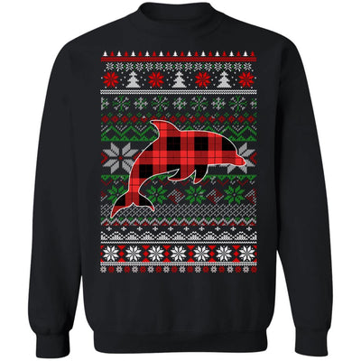Dolphin Red Plaid Ugly Christmas Sweater Funny Gifts-T-Shirt & Sweatshirt-Crewneck Sweatshirt-Black