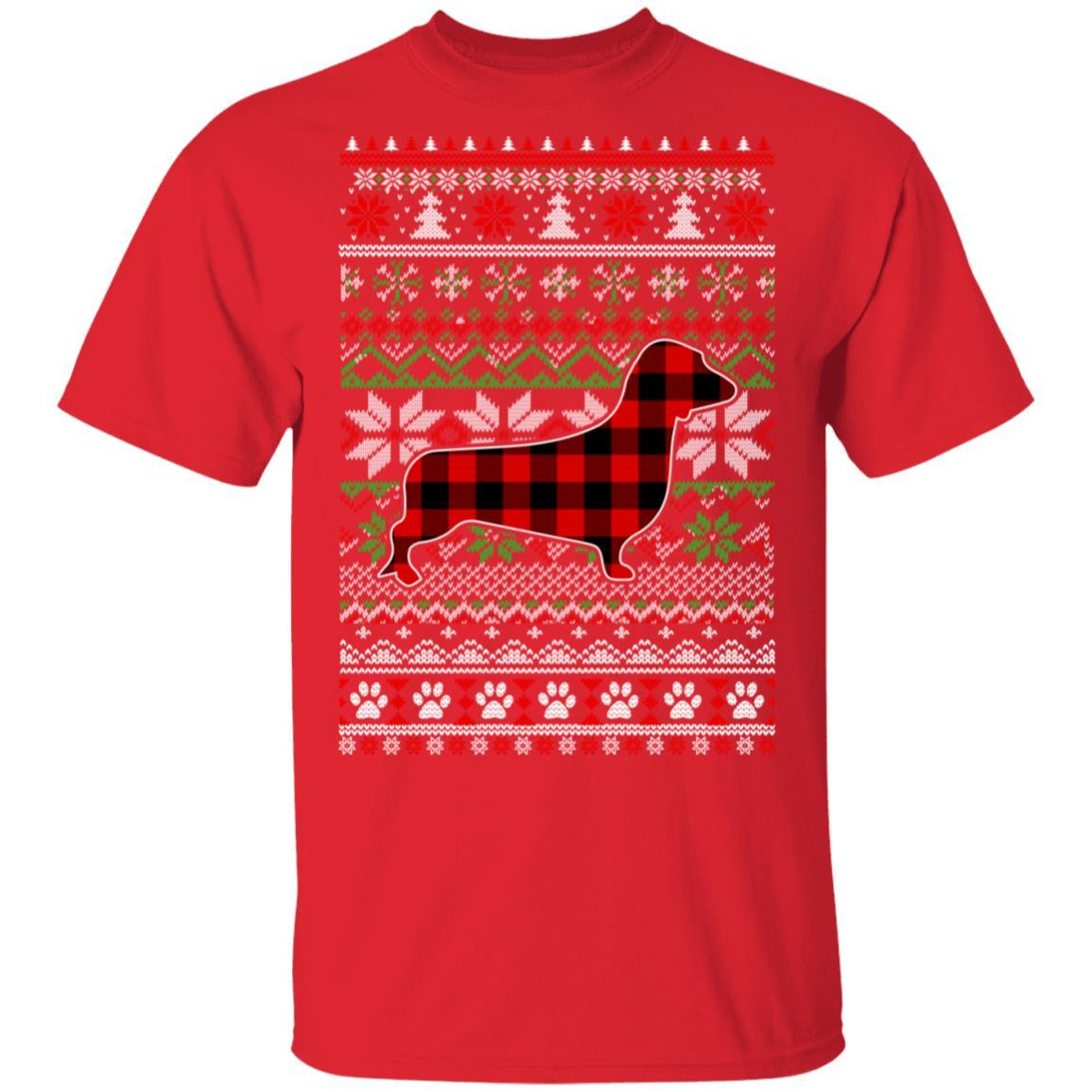 Dachshund Red Plaid Ugly Christmas Sweater Gifts-T-Shirt & Sweatshirt-Classic T-Shirt-Red