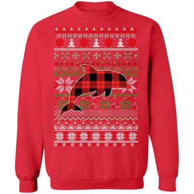 Dolphin Red Plaid Ugly Christmas Sweater Funny Gifts-T-Shirt & Sweatshirt-Crewneck Sweatshirt-Red