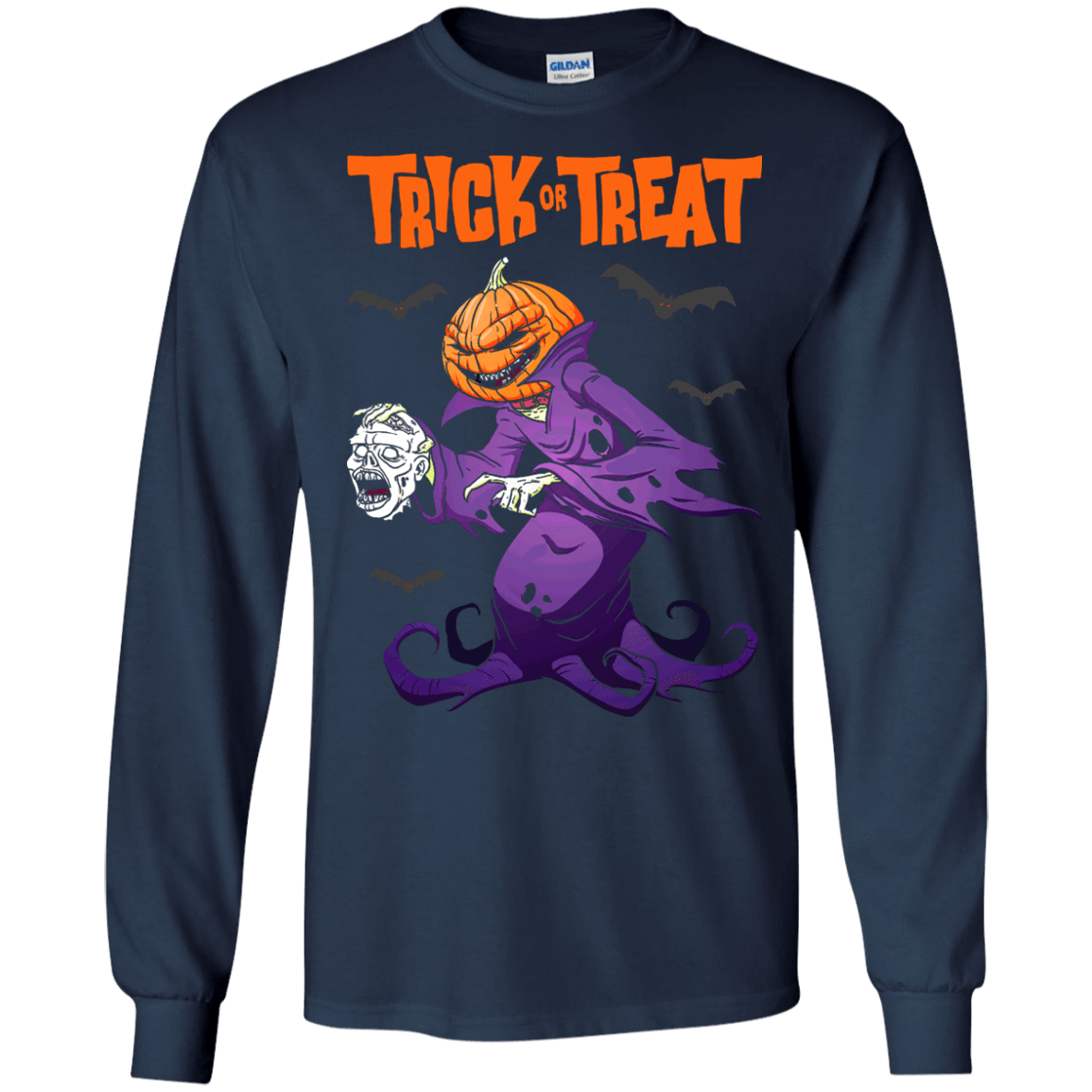 Trick Or Treat Pumpkin Zombie Halloween-T-Shirt & Hoodie-Long Sleeve T-Shirt-Navy