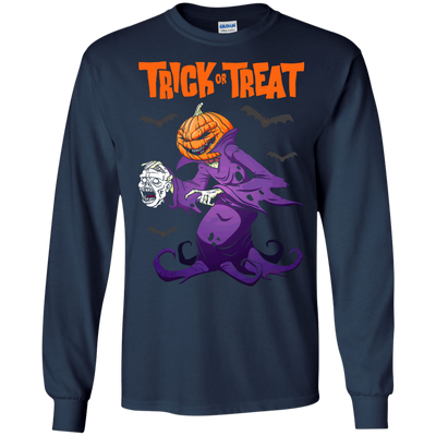 Trick Or Treat Pumpkin Zombie Halloween-T-Shirt & Hoodie-Long Sleeve T-Shirt-Navy