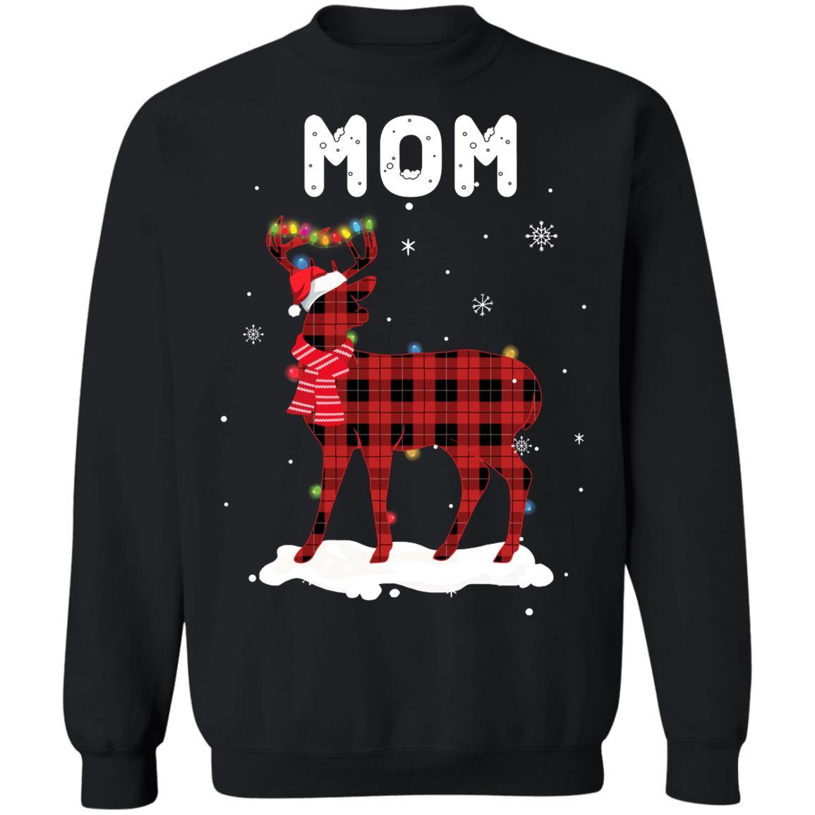 Mom Deer Red Plaid Christmas Family Matching Pajamas-T-Shirt & Sweatshirt-Crewneck Sweatshirt-Black