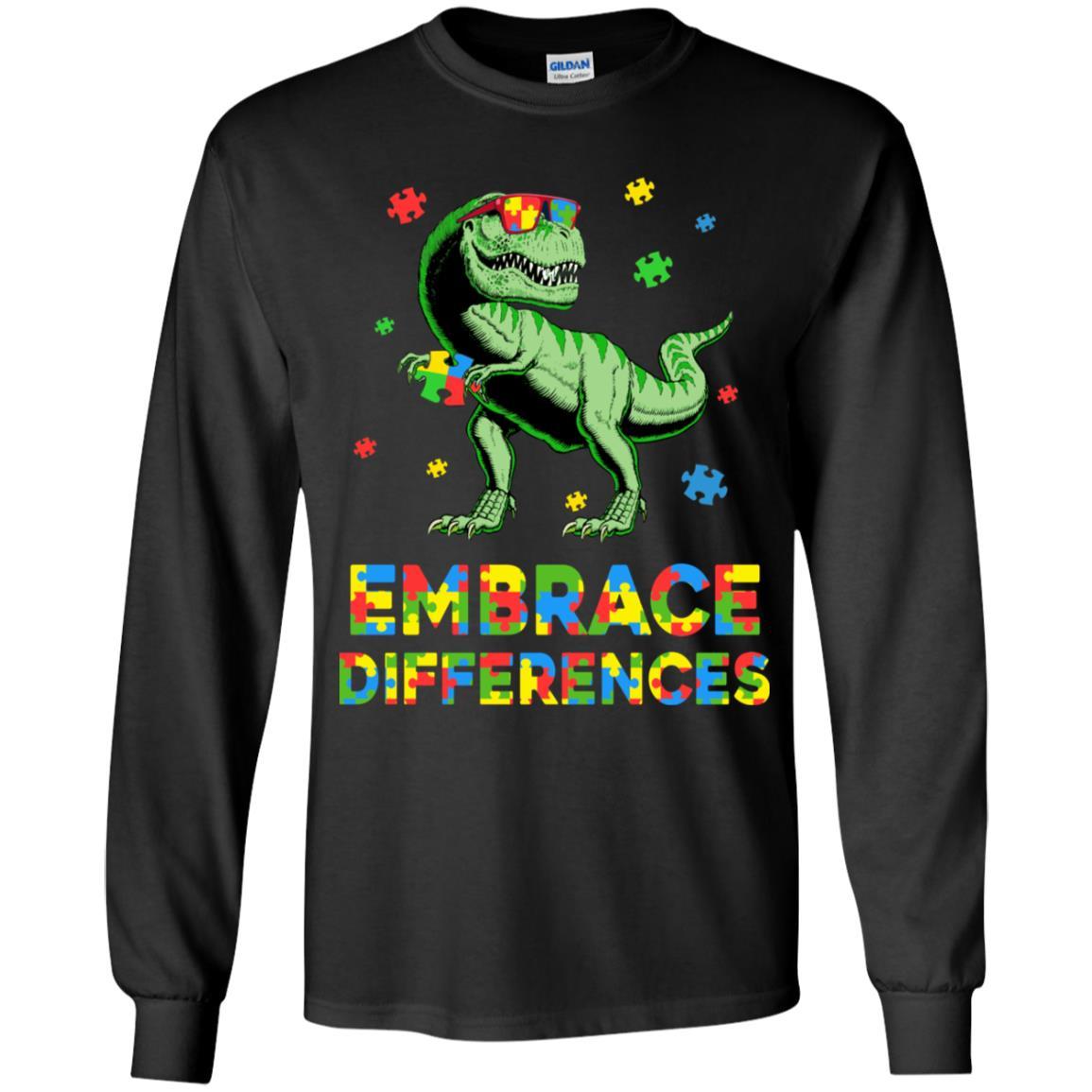Dinosaur Puzzle Autism Awareness Embrace Differences Youth-Youth Shirt-Youth Long Sleeve T-Shirt-Black