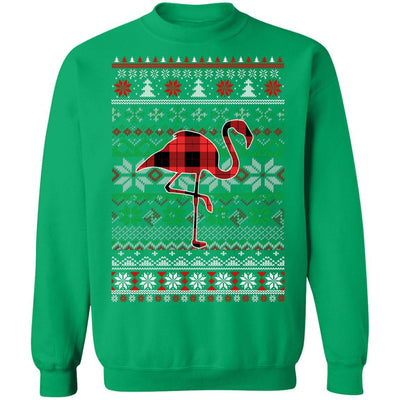 Flamingo Red Plaid Ugly Christmas Sweater Funny Gifts-T-Shirt & Sweatshirt-Crewneck Sweatshirt-Irish Green
