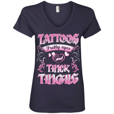 Tattoos Pretty Eyes And Thick Thighs-T-Shirt & Tank Top-Ladies' V-Neck Tee-Navy
