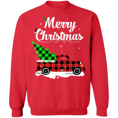 Red Truck Christmas Buffalo Plaid Merry Christmas-T-Shirt & Sweatshirt-Crewneck Sweatshirt-Red