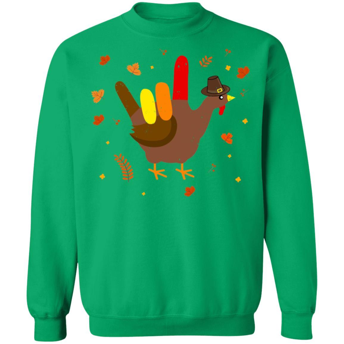 American Sign Language I Love You Thanksgiving Turkey-T-Shirt & Sweatshirt-Crewneck Sweatshirt-Irish Green