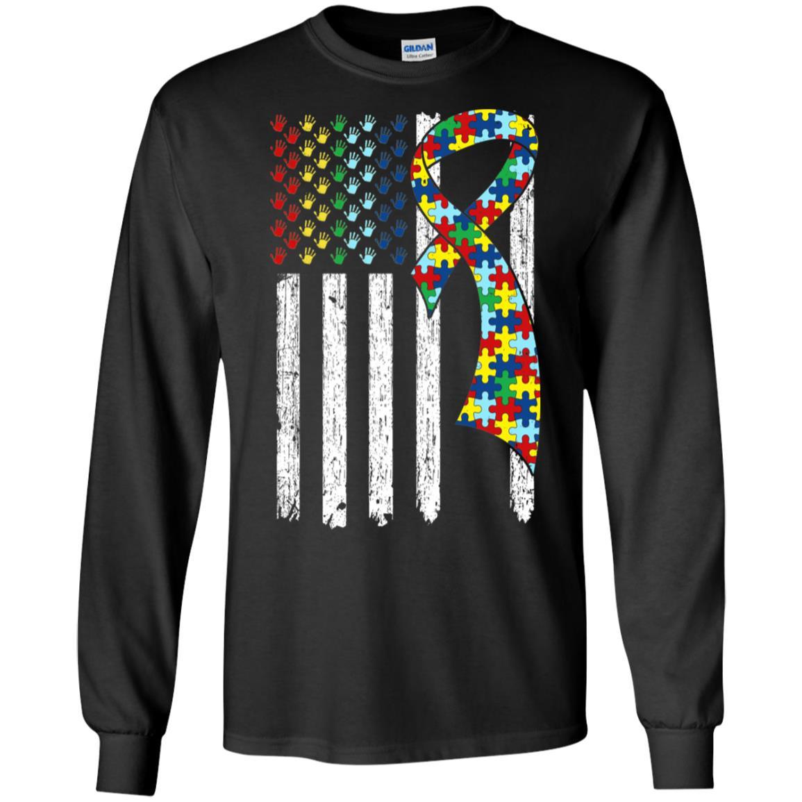 Support Autism Awareness American Flag-T-Shirt & Hoodie-Long Sleeve T-Shirt-Black