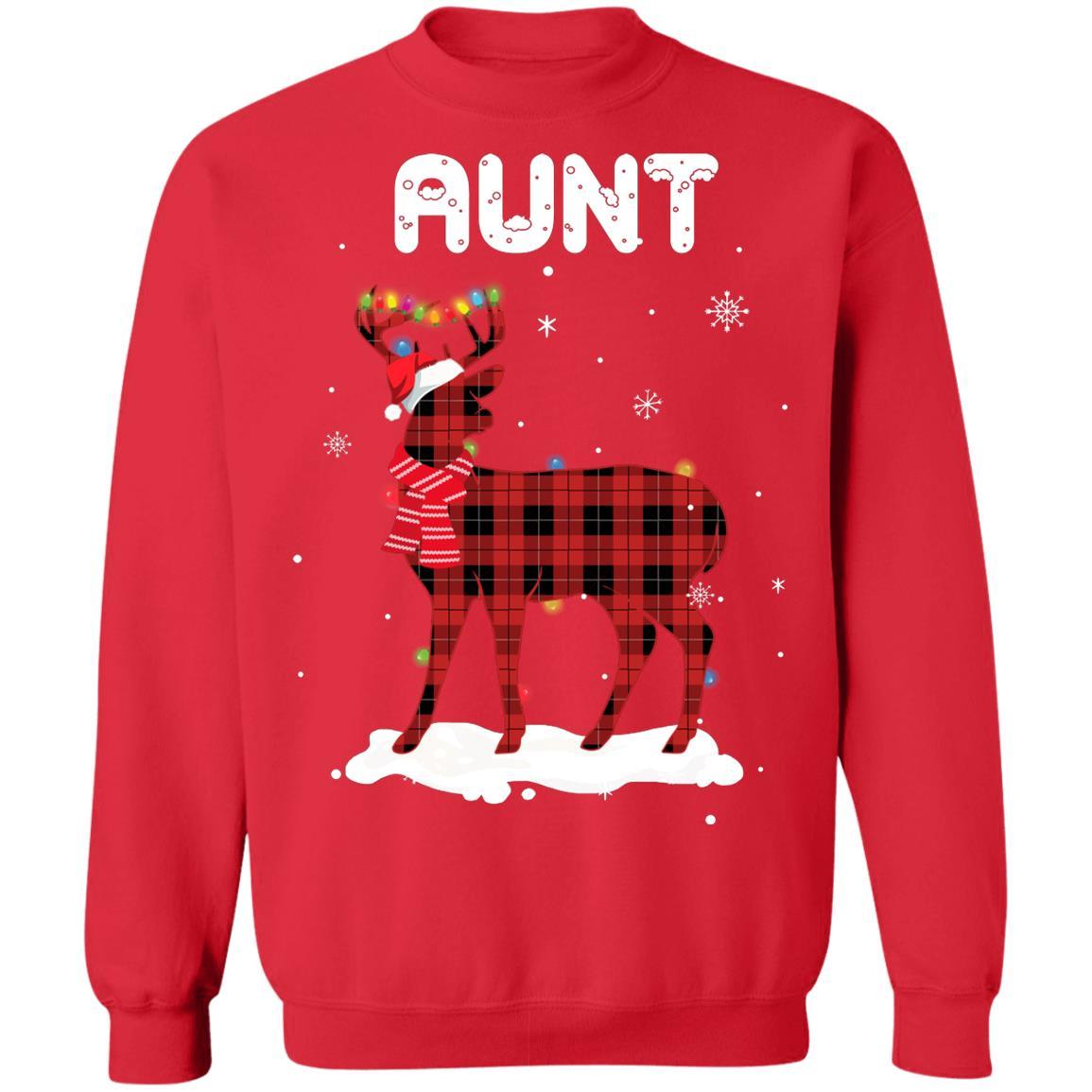 Aunt Deer Red Plaid Christmas Family Matching Pajamas-T-Shirt & Sweatshirt-Crewneck Sweatshirt-Red