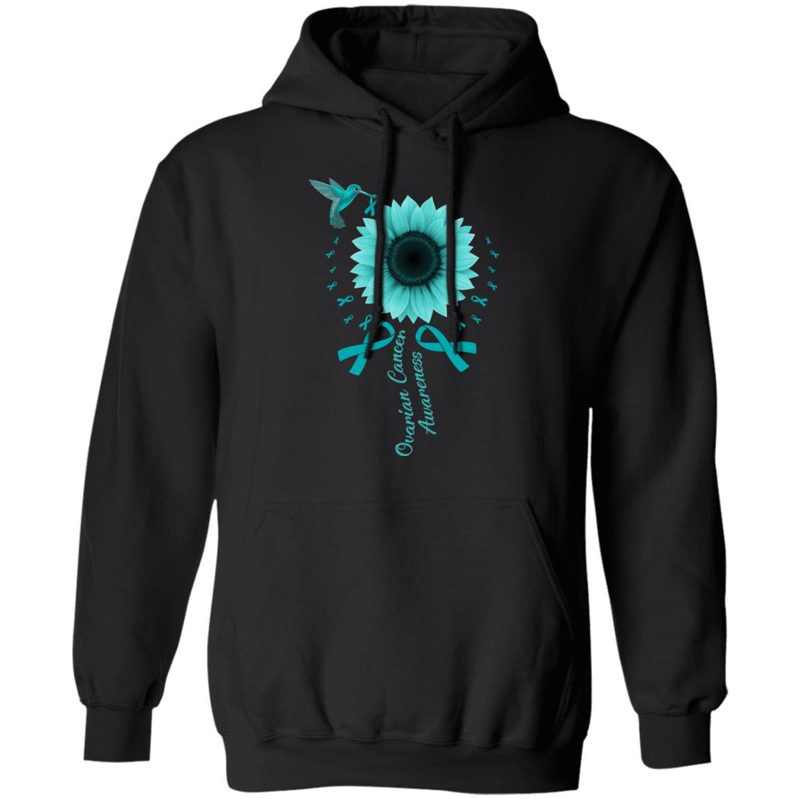 Hummingbird Sunflower Teal Ribbon Ovarian Cancer Awareness-T-Shirt & Hoodie-Pullover Hoodie-Black