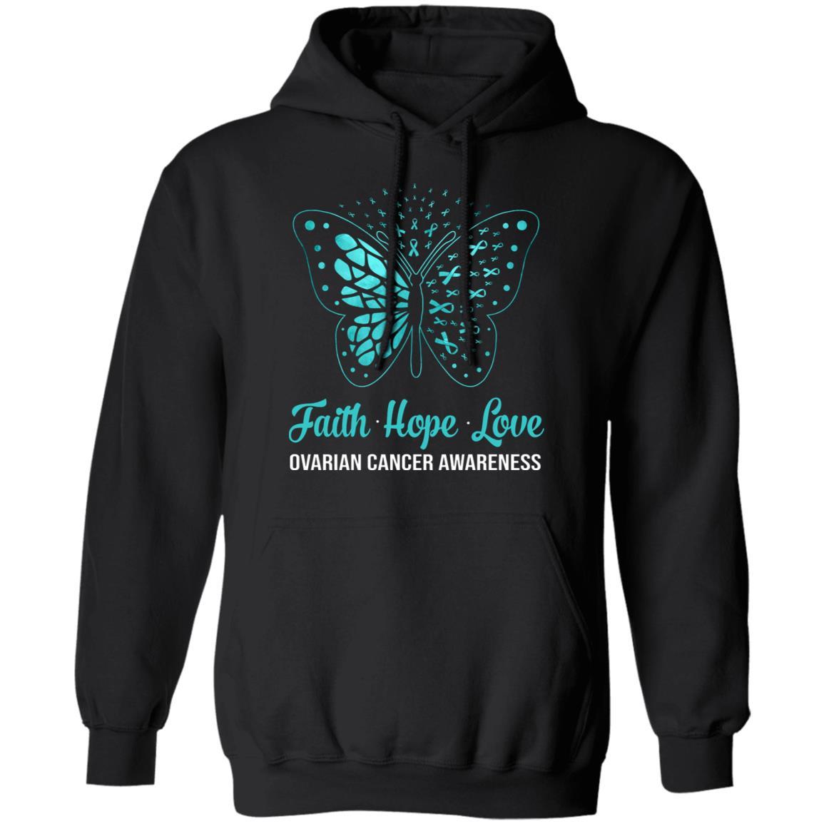 Faith Hope Love Teal Butterfly Ovarian Cancer Awareness-T-Shirt & Hoodie-Pullover Hoodie-Black