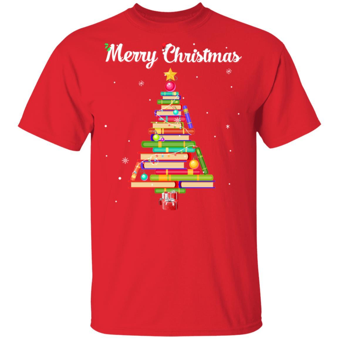 Merry Christmas Tree Love Reading Books Librarian-T-Shirt & Sweatshirt-Classic T-Shirt-Red