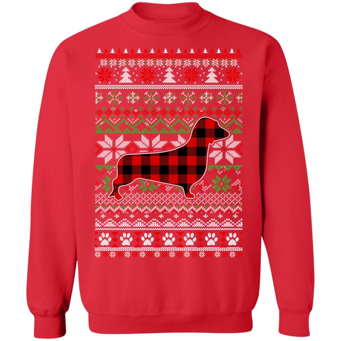Dachshund Red Plaid Ugly Christmas Sweater Gifts-T-Shirt & Sweatshirt-Crewneck Sweatshirt-Red