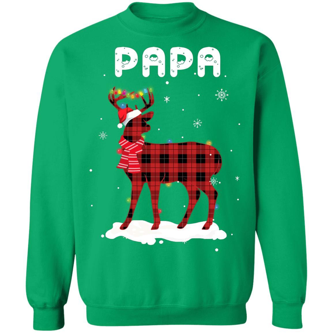 Papa Deer Red Plaid Christmas Family Matching Pajamas-T-Shirt & Sweatshirt-Crewneck Sweatshirt-Irish Green