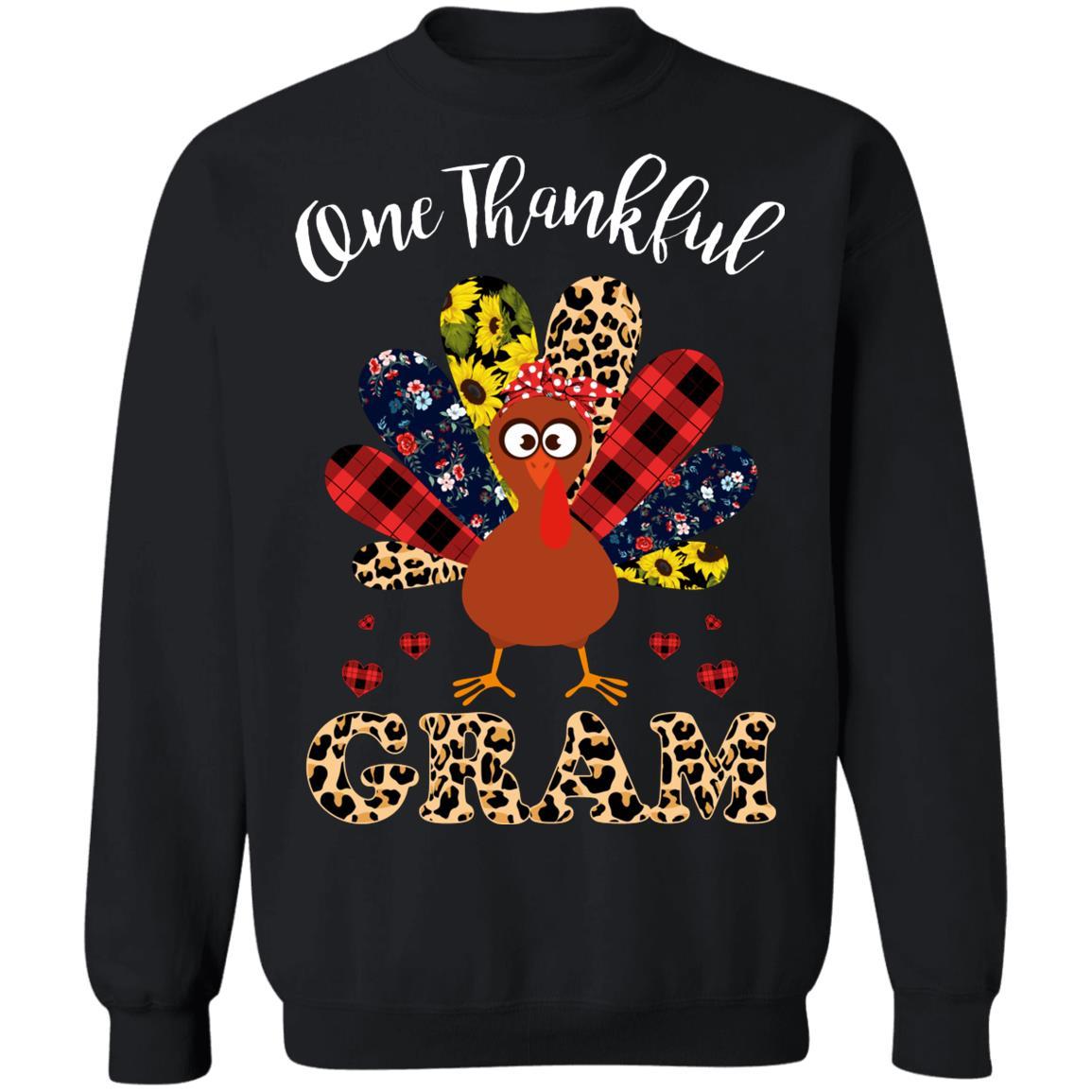 One Thankful Gram Leopard Turkey Thanksgiving Gift-T-Shirt & Sweatshirt-Crewneck Sweatshirt-Black