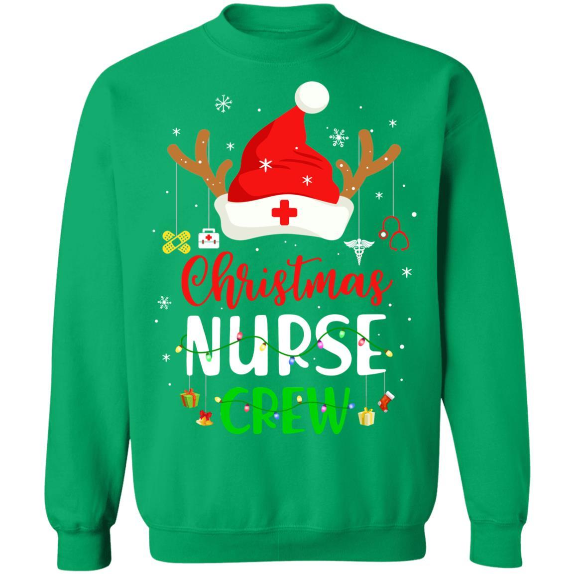 Christmas Nurse Crew Santa Hat Reindeer Merry Christmas Gift-T-Shirt & Sweatshirt-Crewneck Sweatshirt-Irish Green