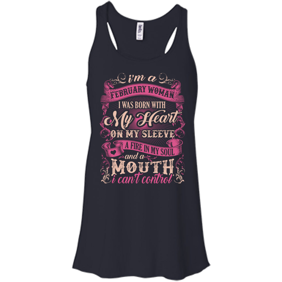I Am A February Woman I Was Born With My Heart On My Sleeve-T-Shirt & Hoodie-Women's Flowy Racerback Tank-Midnight