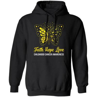Faith Hope Love Gold Butterfly Childhood Cancer Awareness-T-Shirt & Hoodie-Pullover Hoodie-Black