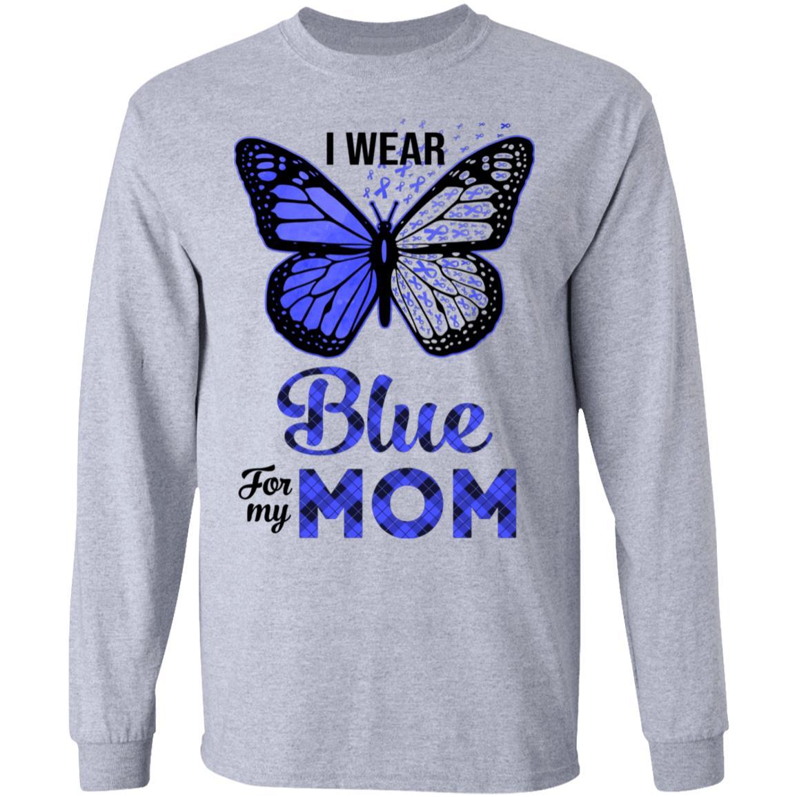 I Wear Blue For My Mom Butterfly Colon Prostate Cancer-T-Shirt & Hoodie-Long Sleeve T-Shirt-Sport Grey