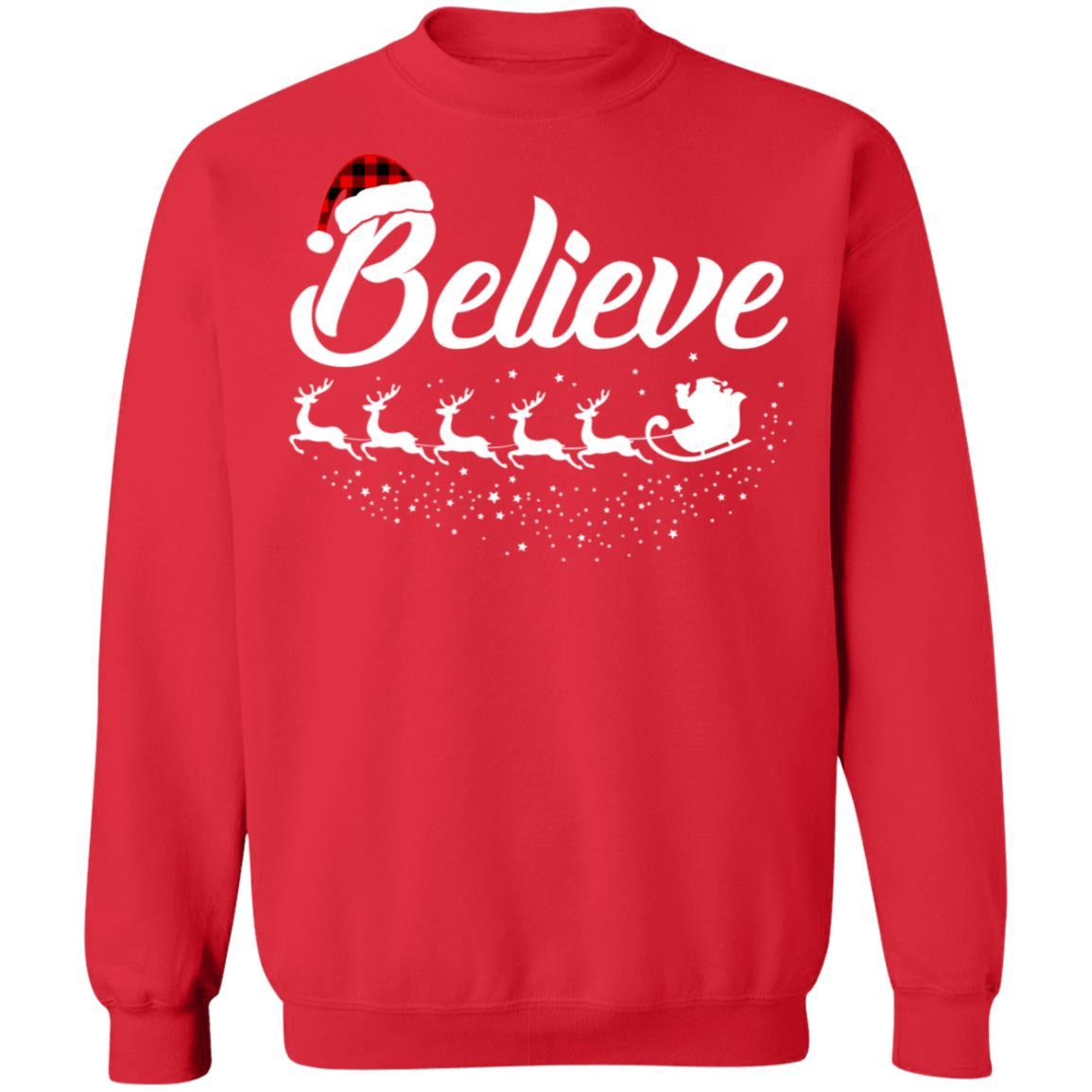 Believe Christmas Gifts Santa Hat Buffalo Plaid-T-Shirt & Sweatshirt-Crewneck Sweatshirt-Red