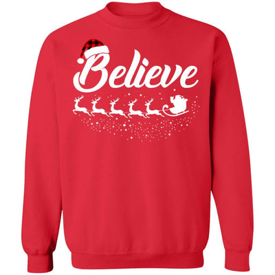Believe Christmas Gifts Santa Hat Buffalo Plaid-T-Shirt & Sweatshirt-Crewneck Sweatshirt-Red