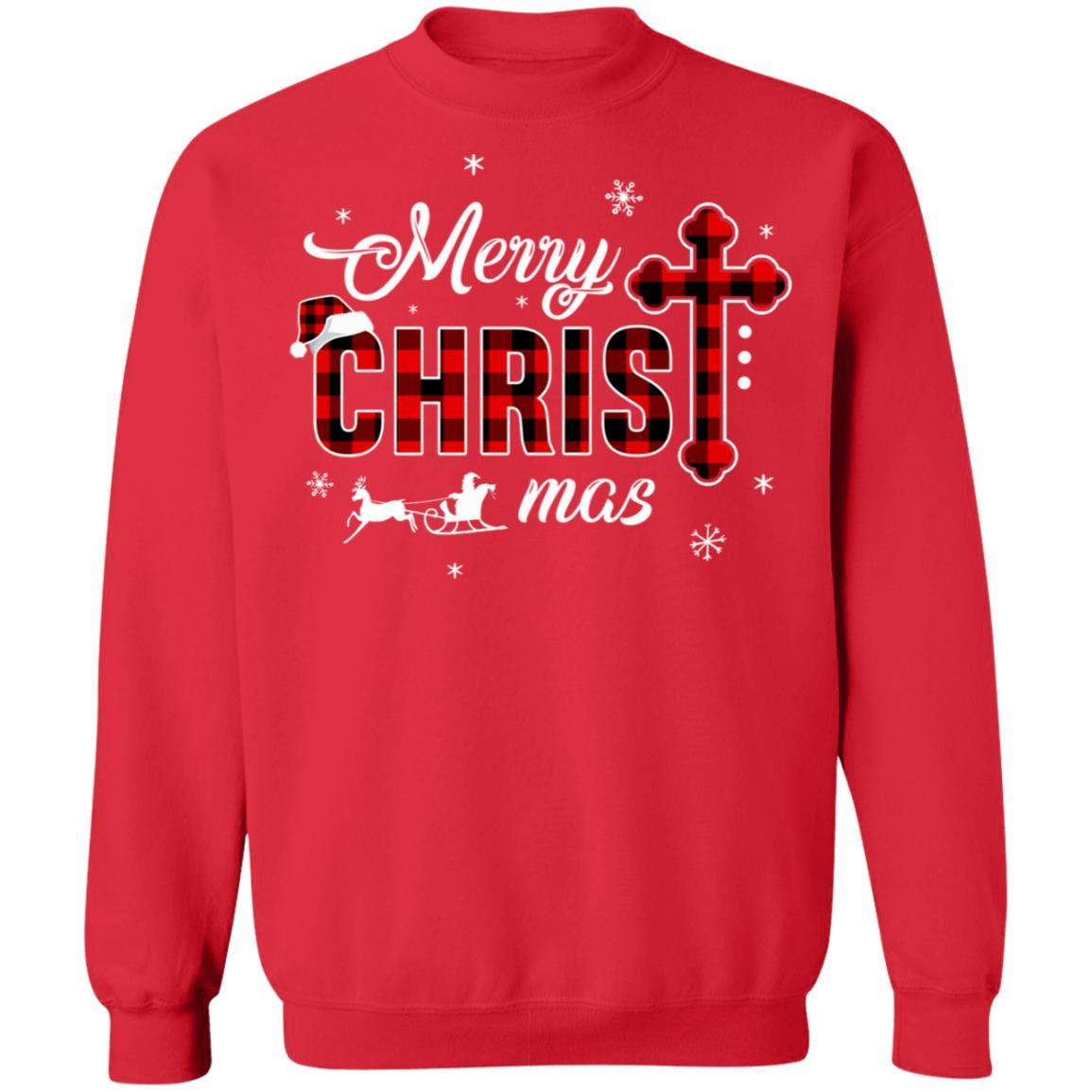Merry Christmas Buffalo Plaid Cross Xmas Gift-T-Shirt & Sweatshirt-Crewneck Sweatshirt-Red