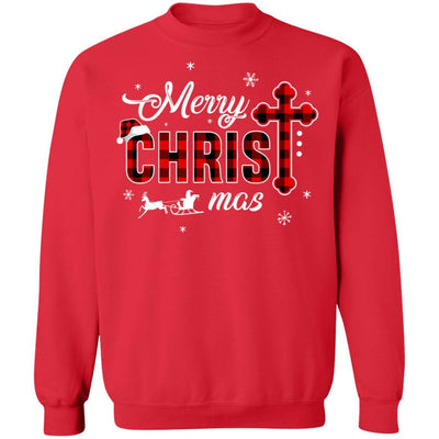 Merry Christmas Buffalo Plaid Cross Xmas Gift-T-Shirt & Sweatshirt-Crewneck Sweatshirt-Red