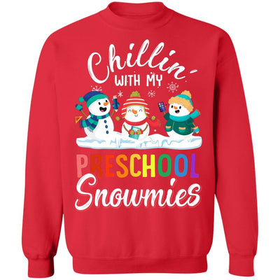 Chillin' With Preschool Snowmies Christmas Teacher Gifts-T-Shirt & Sweatshirt-Crewneck Sweatshirt-Red