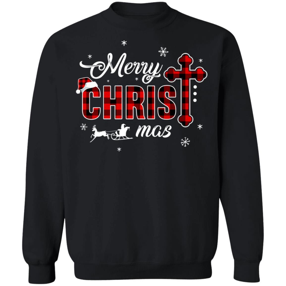 Merry Christmas Buffalo Plaid Cross Xmas Gift-T-Shirt & Sweatshirt-Crewneck Sweatshirt-Black