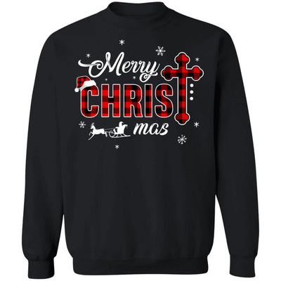 Merry Christmas Buffalo Plaid Cross Xmas Gift-T-Shirt & Sweatshirt-Crewneck Sweatshirt-Black