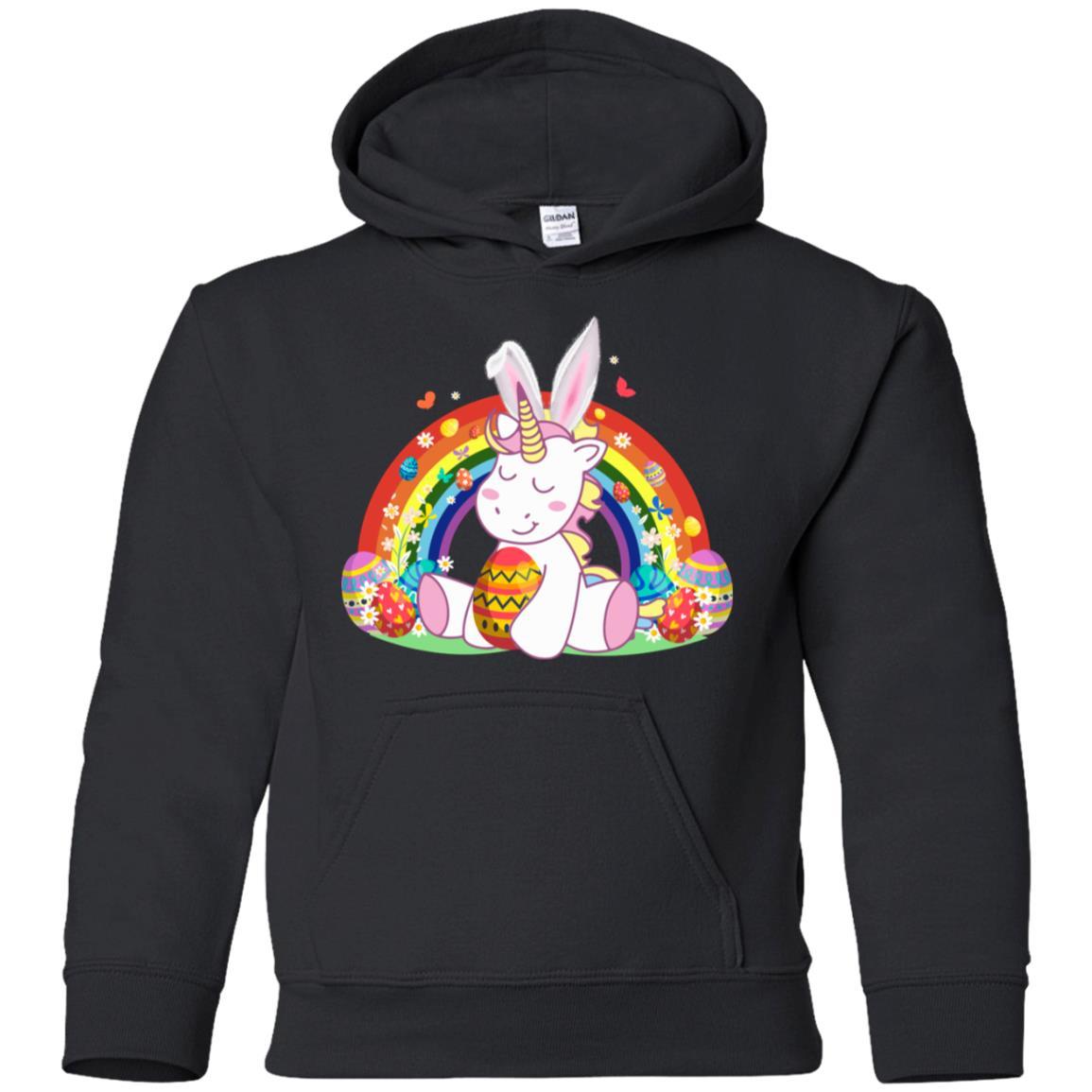 Unicorn Easter With Rainbow And Egg Youth-Youth Shirt-Youth Pullover Hoodie-Black