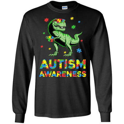 Dinosaur Puzzle Autism Awareness For Boys Girls-T-Shirt & Hoodie-Long Sleeve T-Shirt-Black