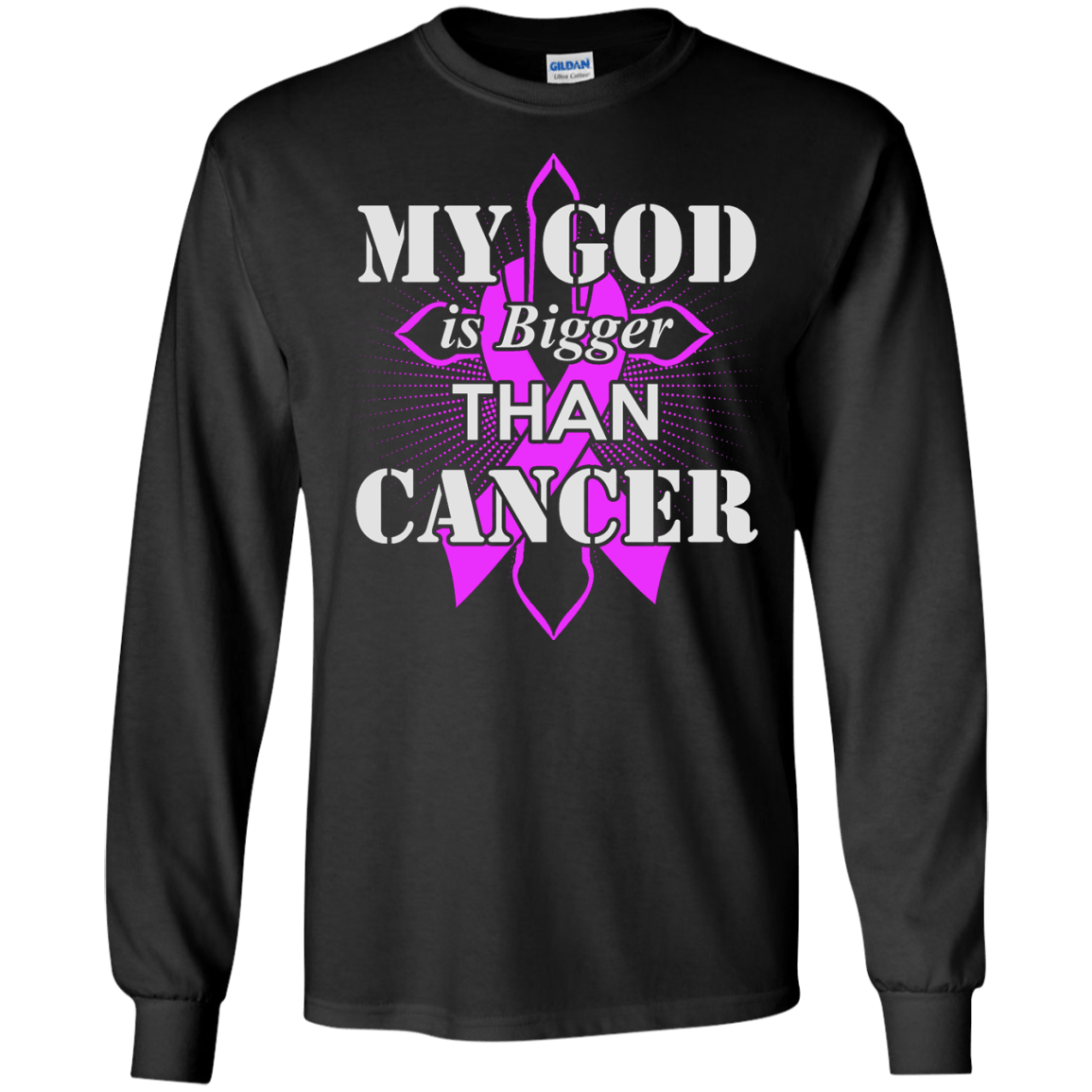 My God Is Bigger Than Cancer Purple Awareness Ribbon-T-Shirt & Hoodie-Long Sleeve T-Shirt-Black