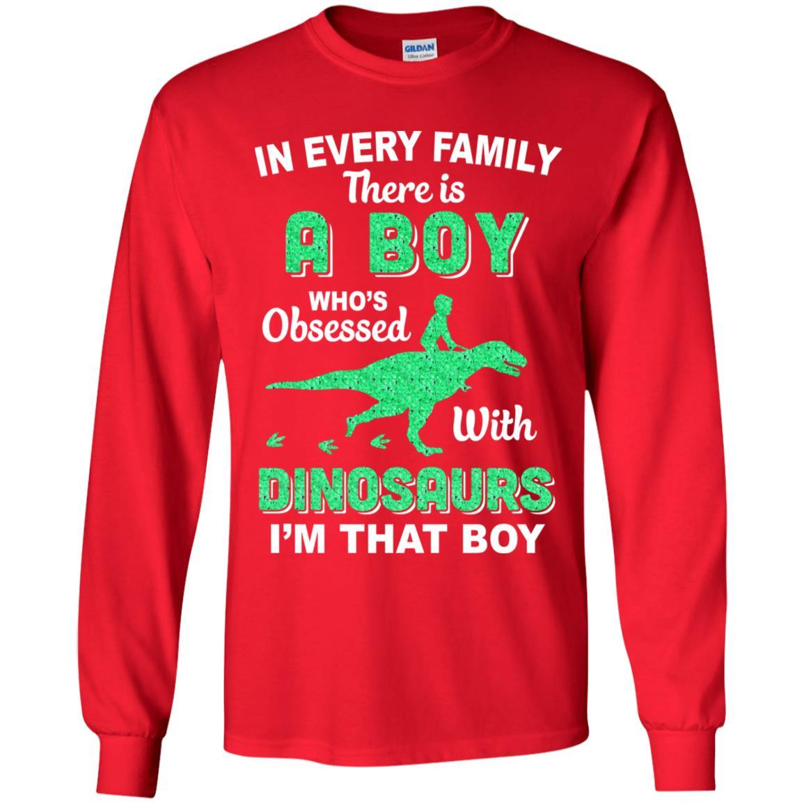A Boy Who's Obsessed With Dinosaurs I Am That Boy Kids Youth-Youth Shirt-Youth Long Sleeve T-Shirt-Red