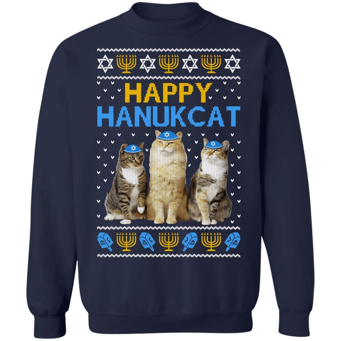 Happy Hanukcat-T-Shirt & Sweatshirt-Crewneck Sweatshirt-Navy