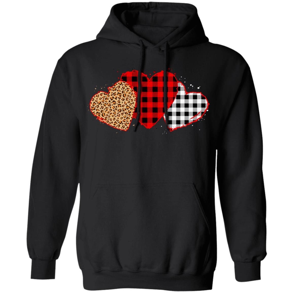 Three Hearts Leopard Buffalo Plaid Valentine's Day-T-Shirt & Hoodie-Pullover Hoodie-Black