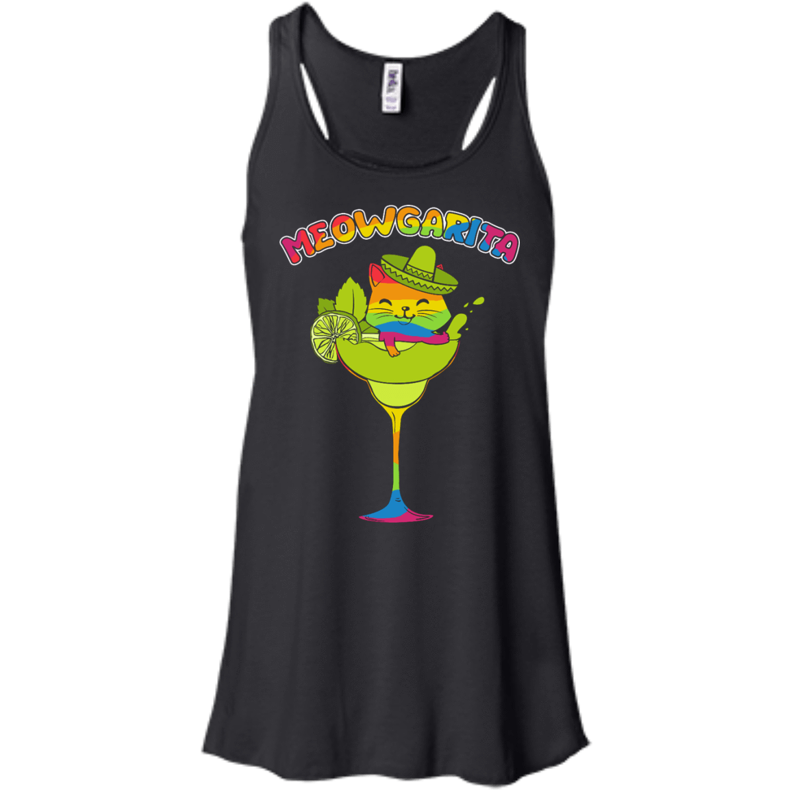 Rainbow Meowgarita Margarita Cat Lover-T-Shirt & Hoodie-Women's Flowy Racerback Tank-Black