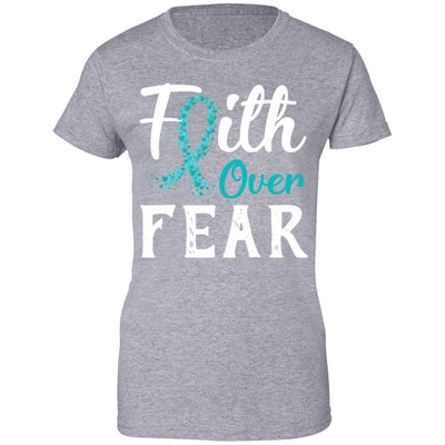 Ovarian Cancer Awareness Teal Ribbon Faith Over Fear-T-Shirt & Hoodie-Women's T-Shirt-Sport Grey