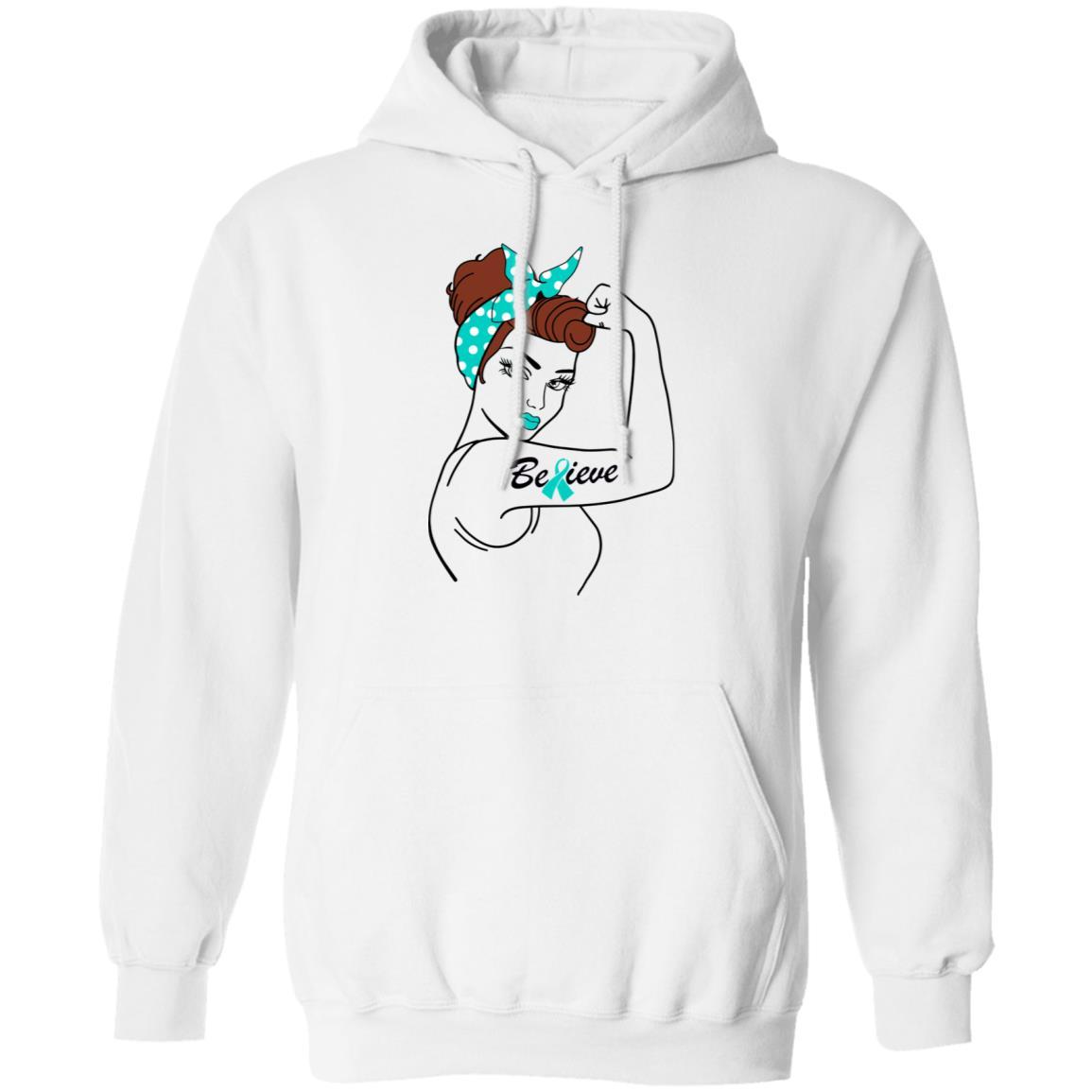 Support Ovarian Cancer Awareness Warrior Believe-T-Shirt & Hoodie-Pullover Hoodie-White
