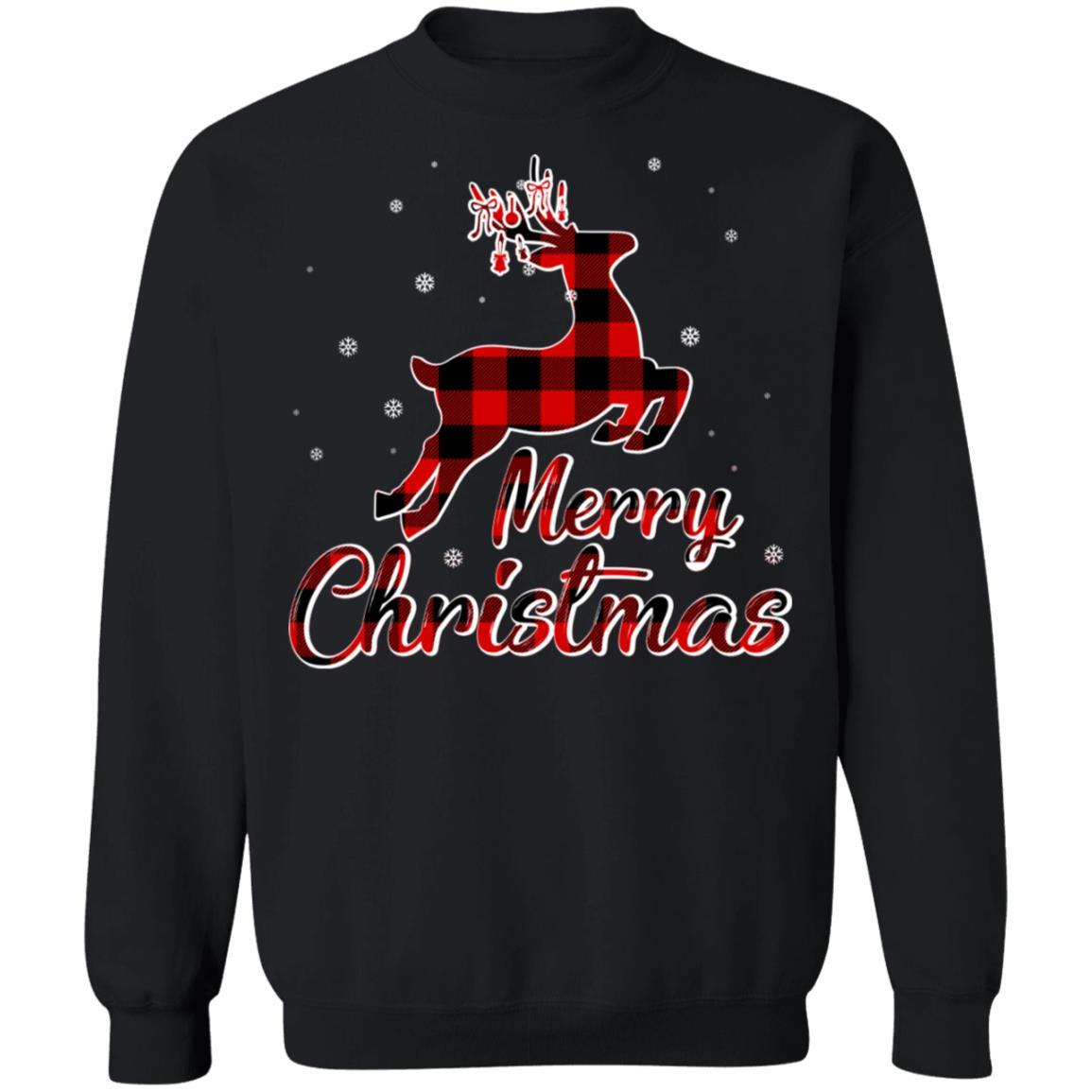 Merry Christmas Buffalo Plaid Xmas Reindeer Gift-T-Shirt & Sweatshirt-Crewneck Sweatshirt-Black