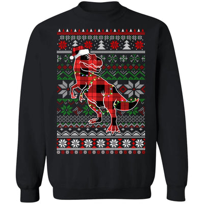 Red Plaid Buffalo T Rex Dinosaur Pajamas Christmas Sweater-T-Shirt & Sweatshirt-Crewneck Sweatshirt-Black