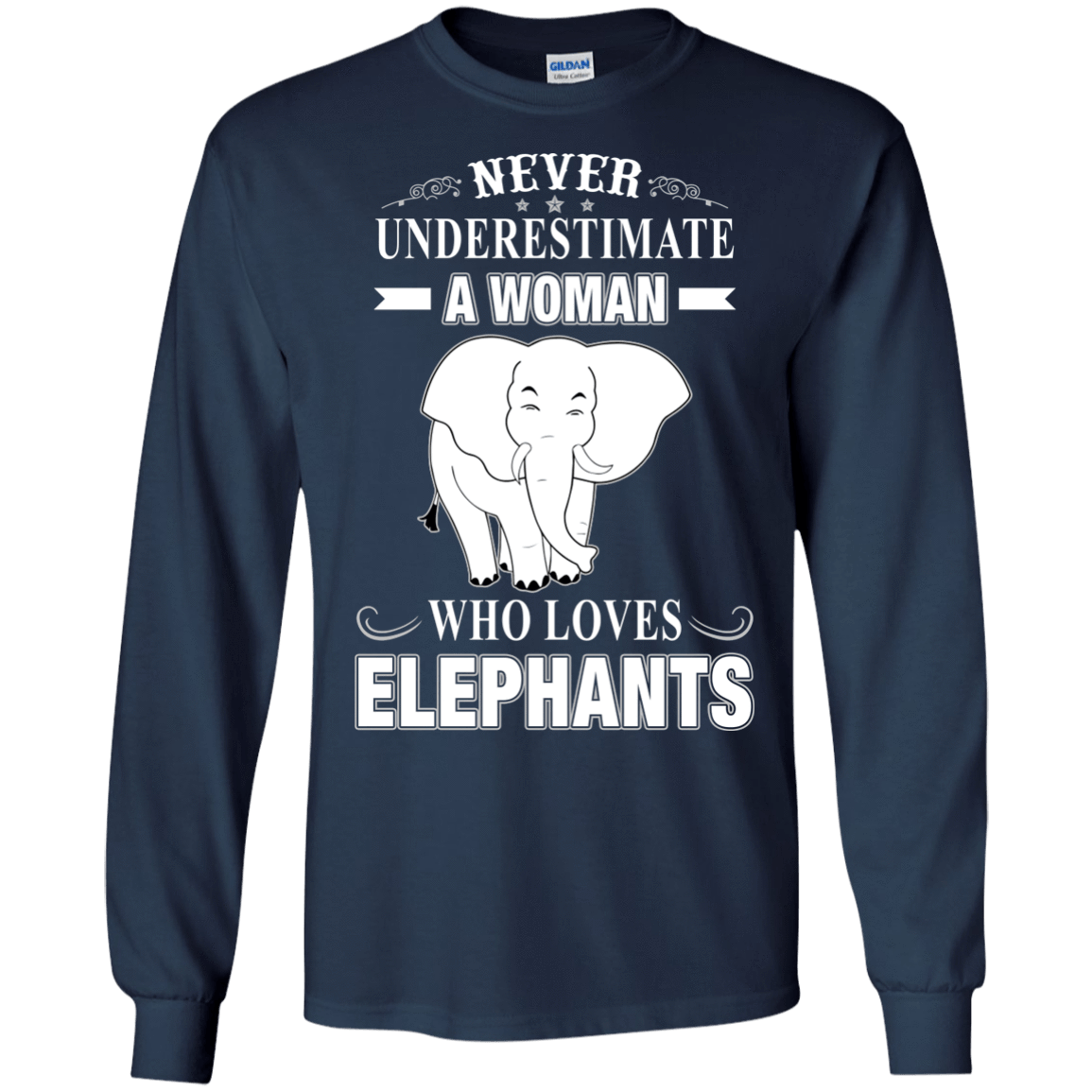 Never Underestimate Woman Loves Elephant-T-Shirt & Hoodie-Long Sleeve T-Shirt-Navy