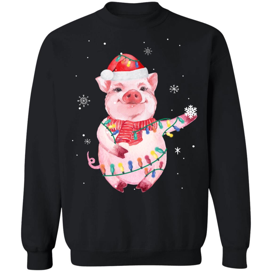 Santa Pig Christmas Lights Pig Lover Christmas Gift-T-Shirt & Sweatshirt-Crewneck Sweatshirt-Black