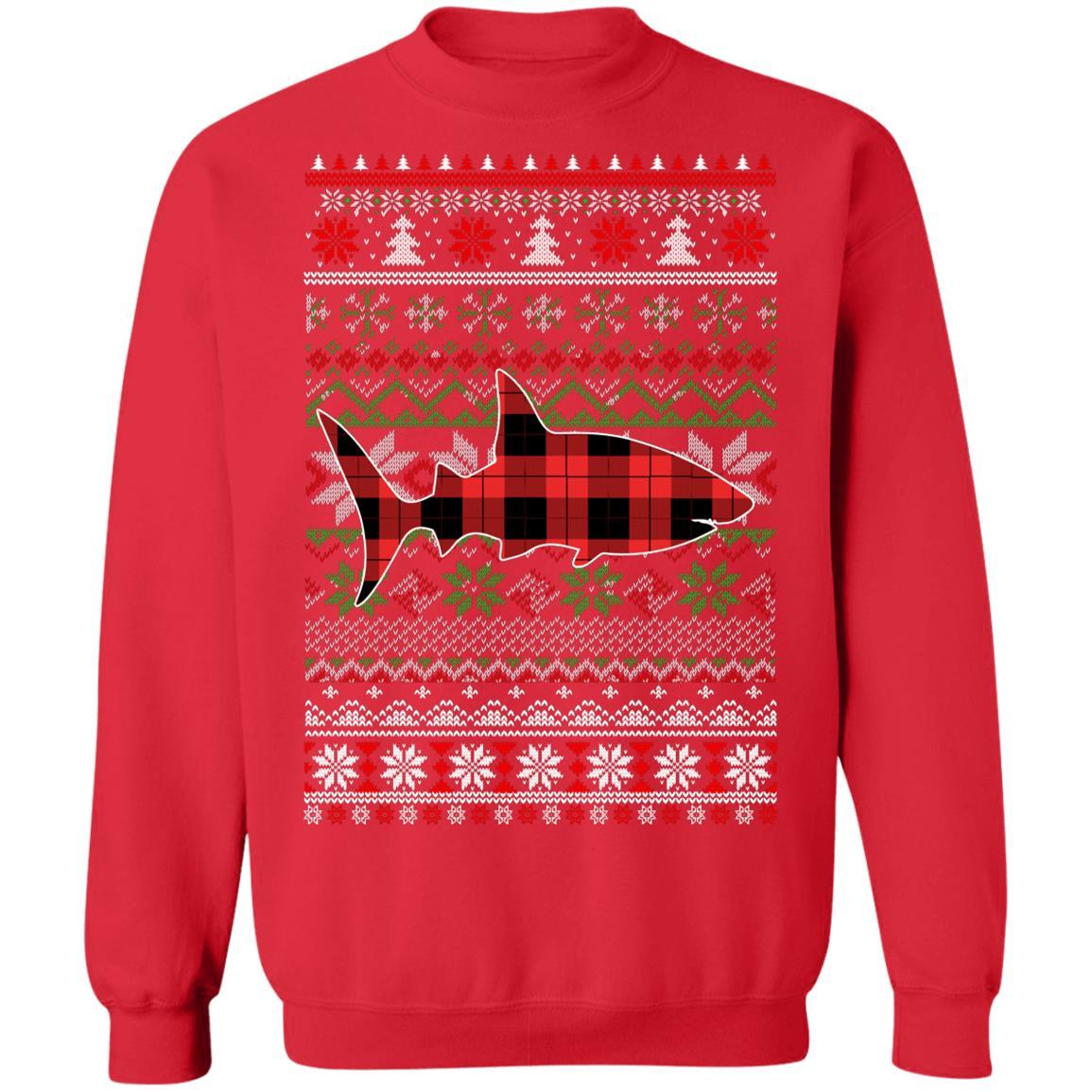 Shark Red Plaid Ugly Christmas Sweater Funny Gifts-T-Shirt & Sweatshirt-Crewneck Sweatshirt-Red