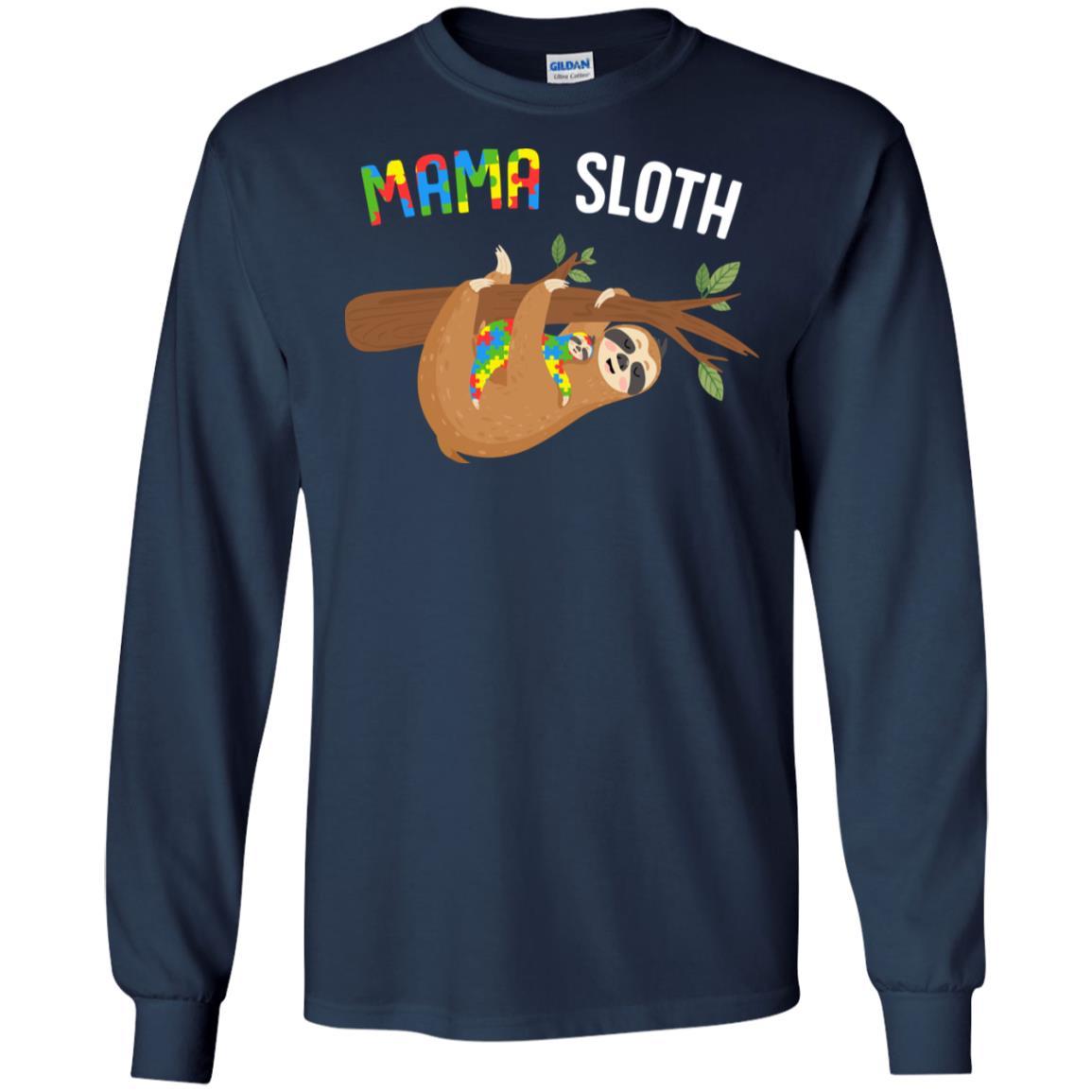 Mama Sloth Autism Awareness Mom Gift-T-Shirt & Hoodie-Long Sleeve T-Shirt-Navy